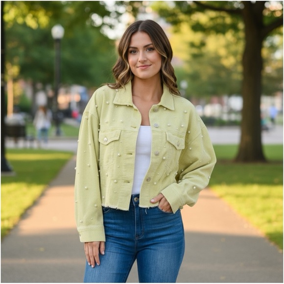 PEACH LOVE CALIFORNIA Corduroy pearl, detailed, pastel lime, jacket size S M L - Picture 4 of 11